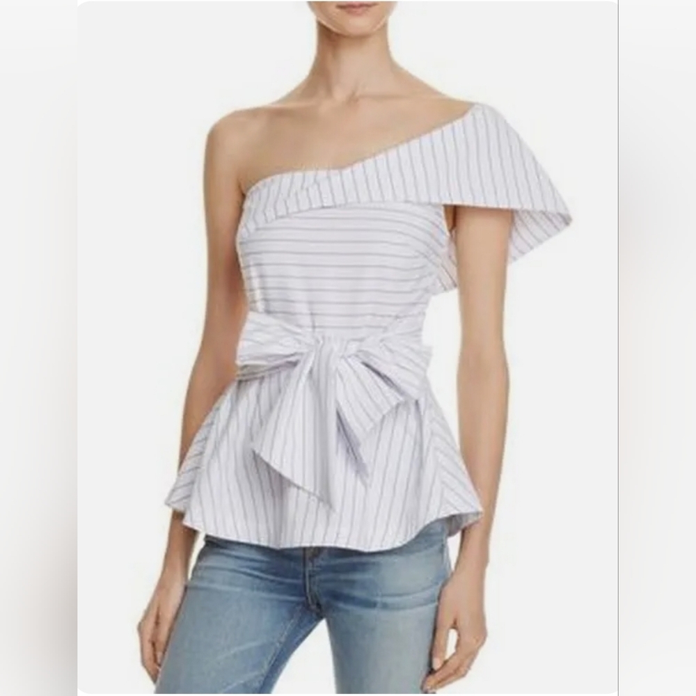 J.O.A. Los Angeles White and Blue Pinstripe Off the Shoulder Top Size Small